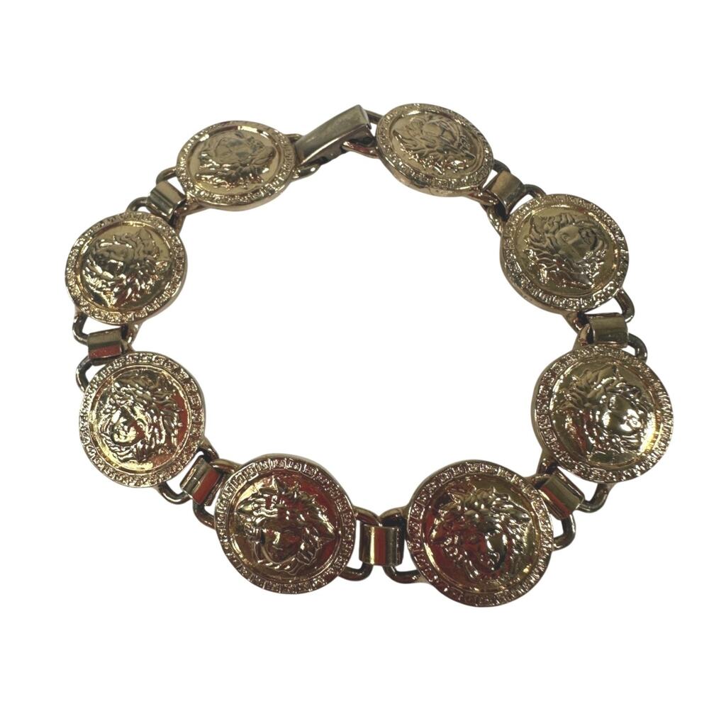 Vintage Gianni Versace Gold Tone Medusa Coin Chain Bracelet 7.5in Made In Italy